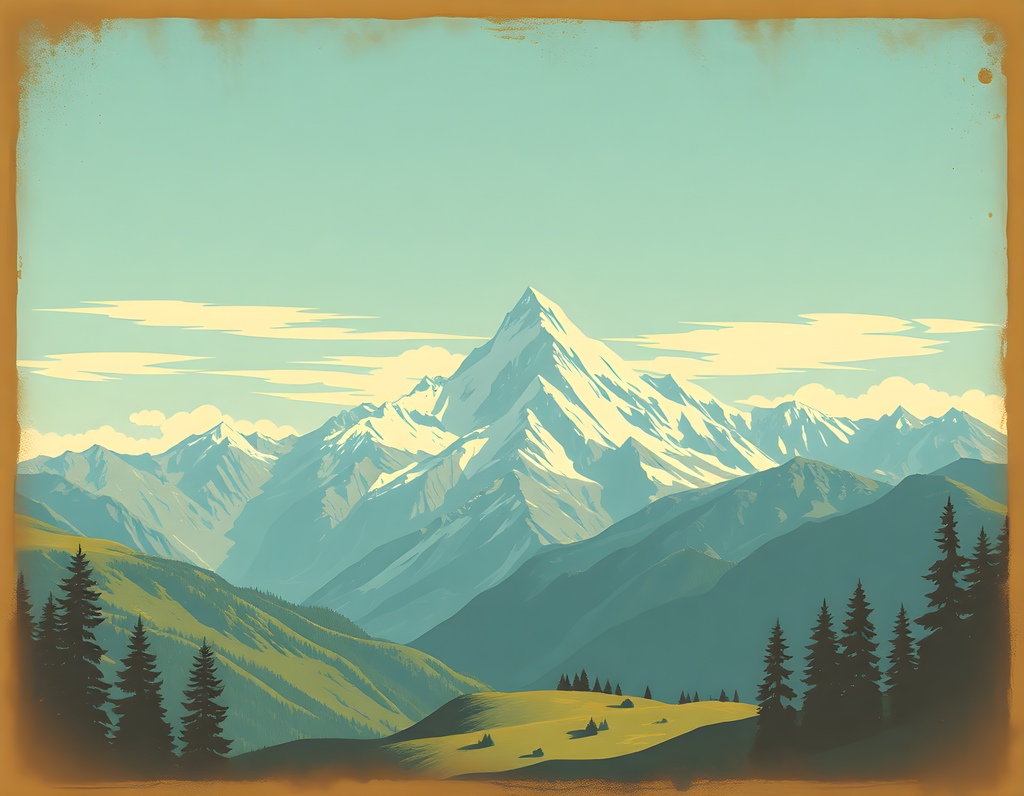 Vintage Alpine Mountain Landscape with Snow Peaks Wall Art