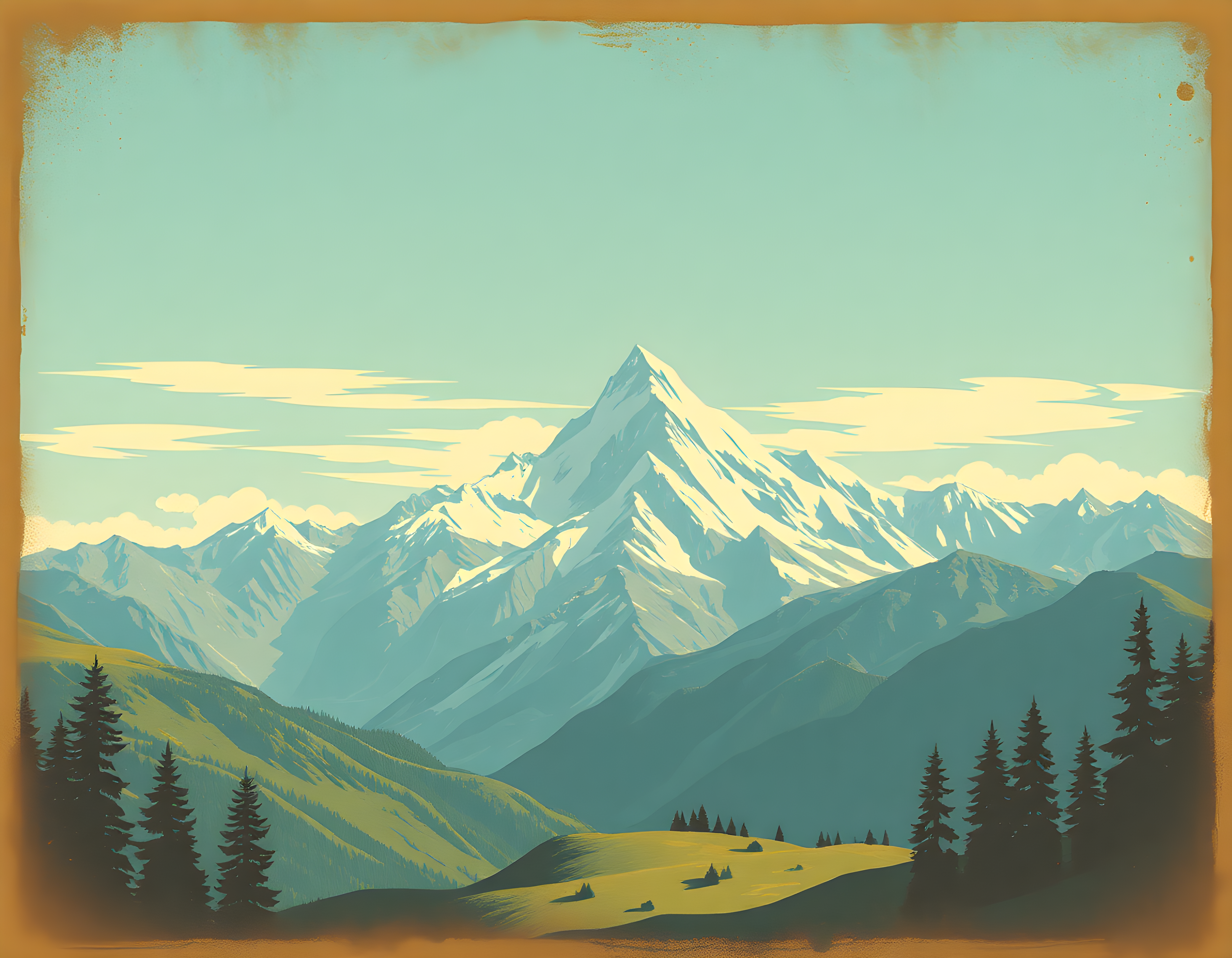 Vintage Alpine Mountain Landscape with Snow Peaks Wall Art