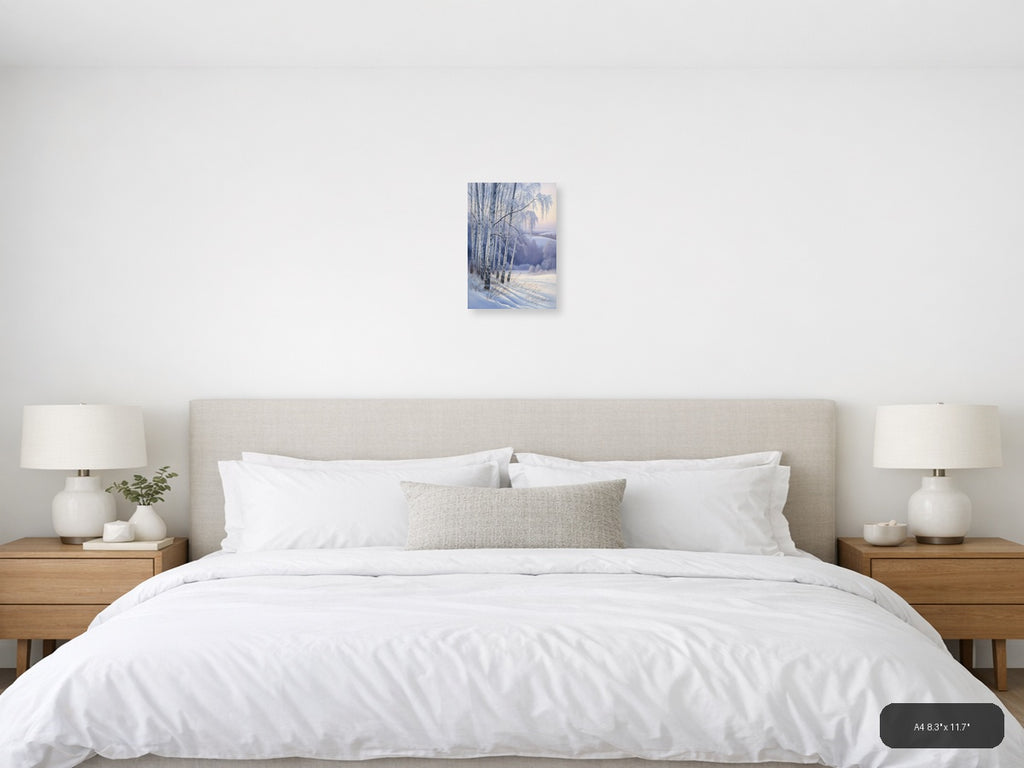 Frozen Birch Trees by Winter Lake Watercolor Wall Art — A4 / Bedroom