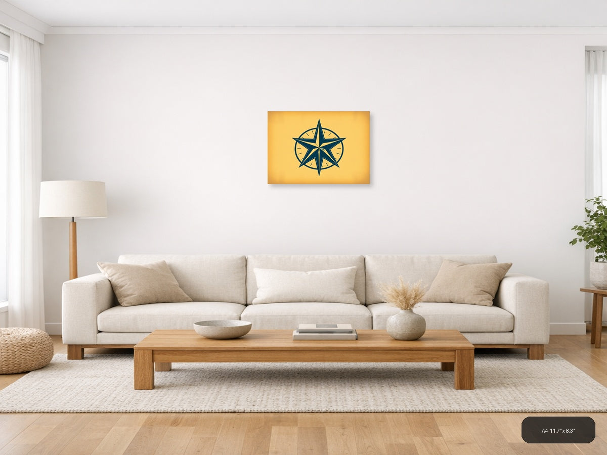 Vintage Nautical Compass Star Navy Blue Wall Art — A4 / Living Room