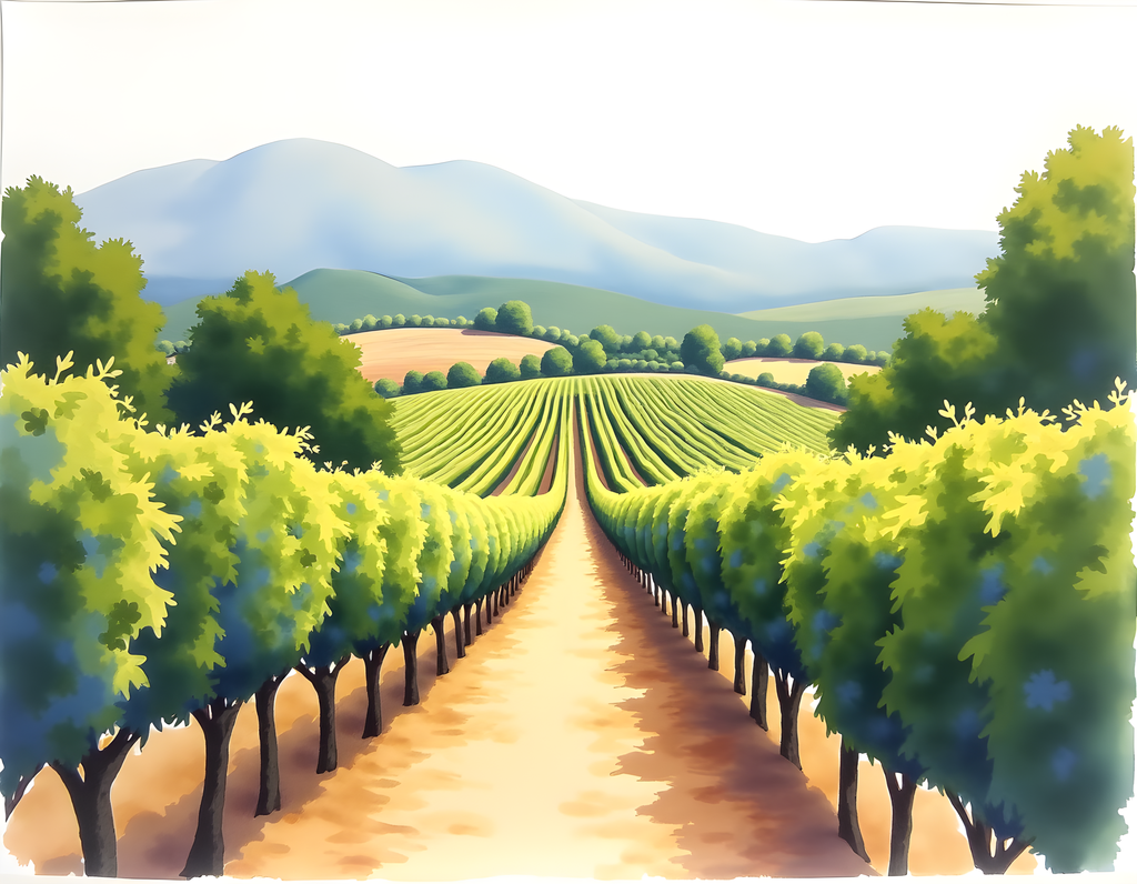 Vineyard Valley Watercolor Landscape Wall Art