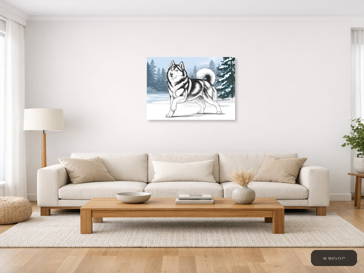 Husky Dog Line Art Winter Forest Landscape Wall Art — A3 / Living Room