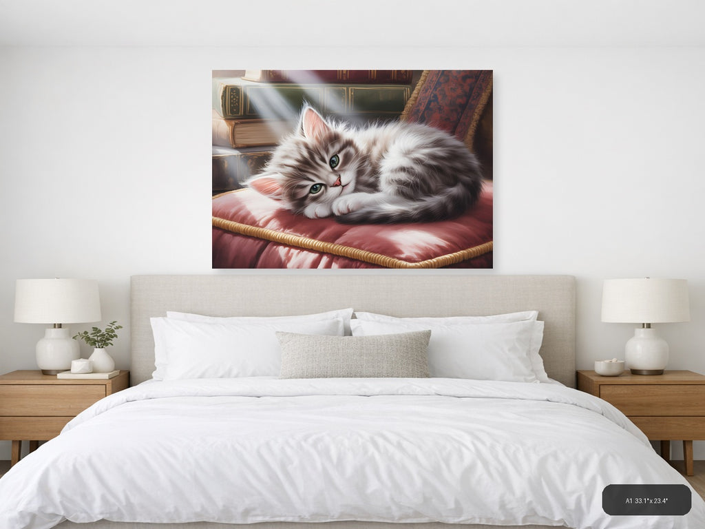 Fluffy White Cat Watercolor Portrait Wall Art — A1 / Bedroom