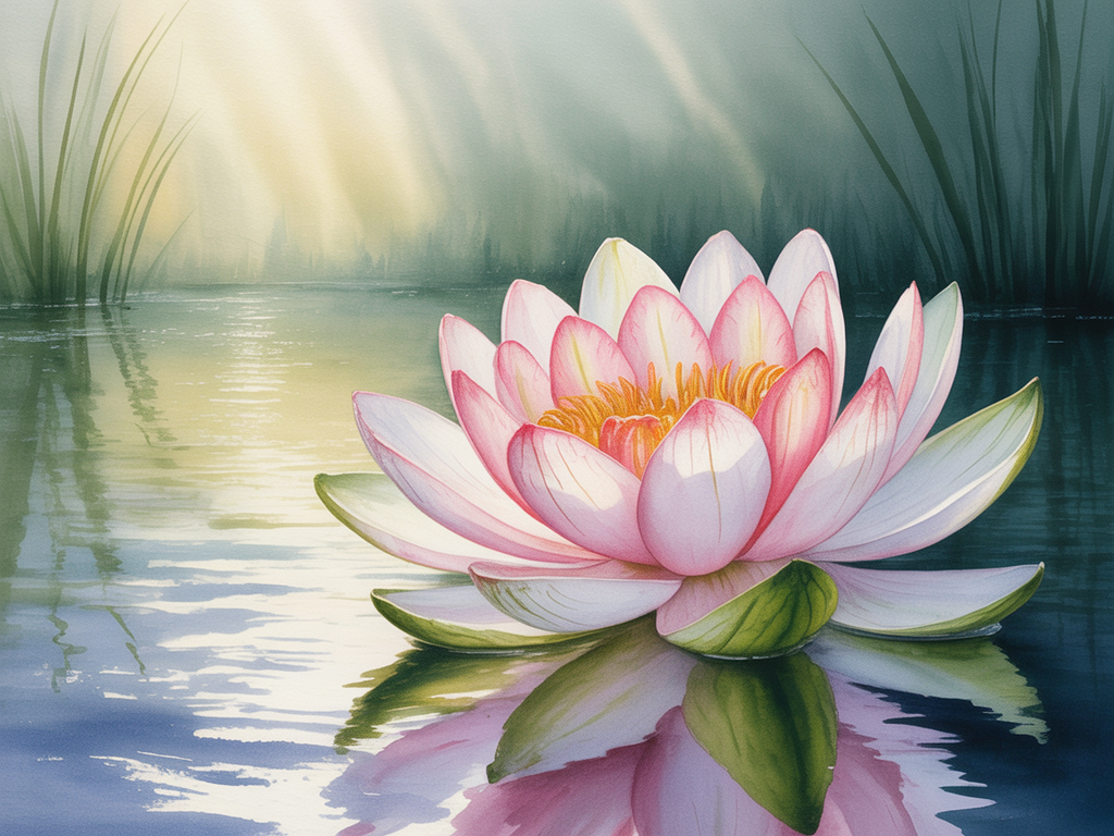 Pink Water Lily Watercolor Landscape Wall Art