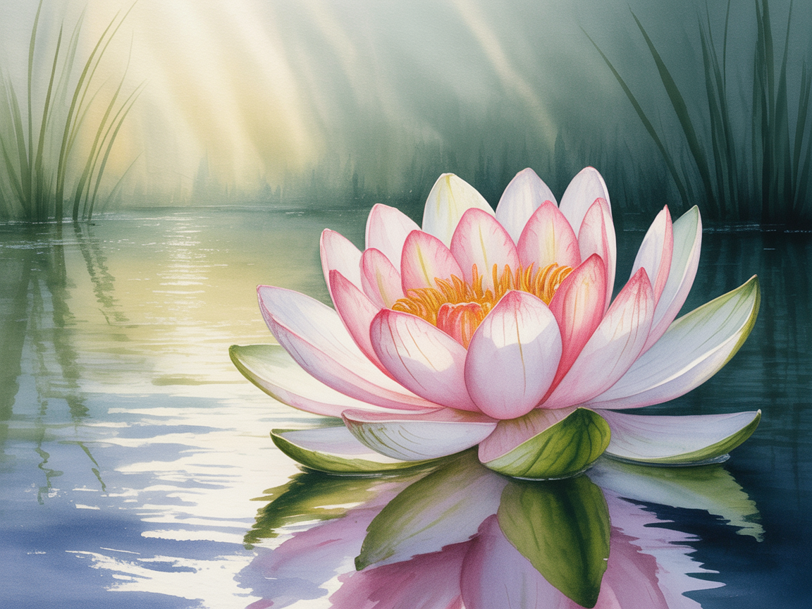 Pink Water Lily Watercolor Landscape Wall Art