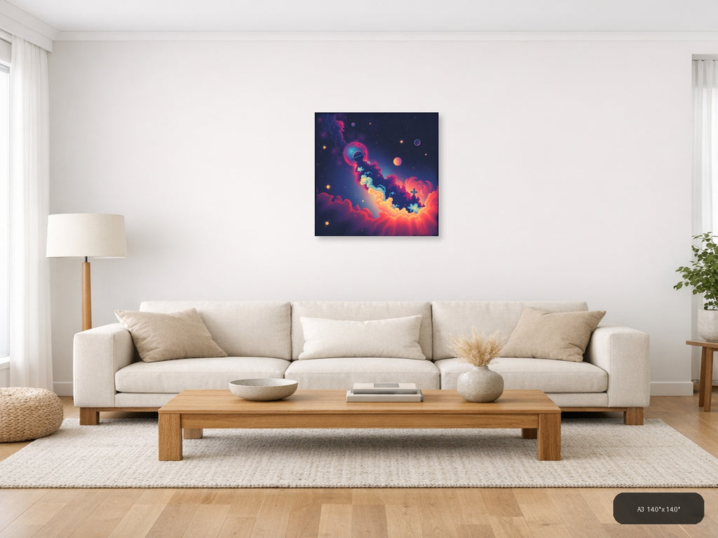 Vintage Cosmic Galaxy with Planet and Cross Wall Art — A3 / Living Room