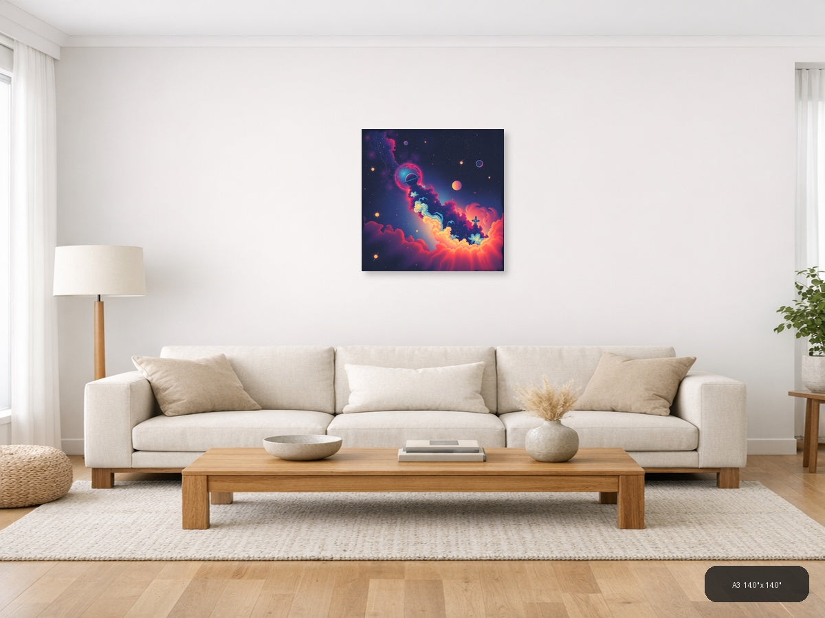 Vintage Cosmic Space Scene with Planet & Cross Wall Art — A3 / Living Room