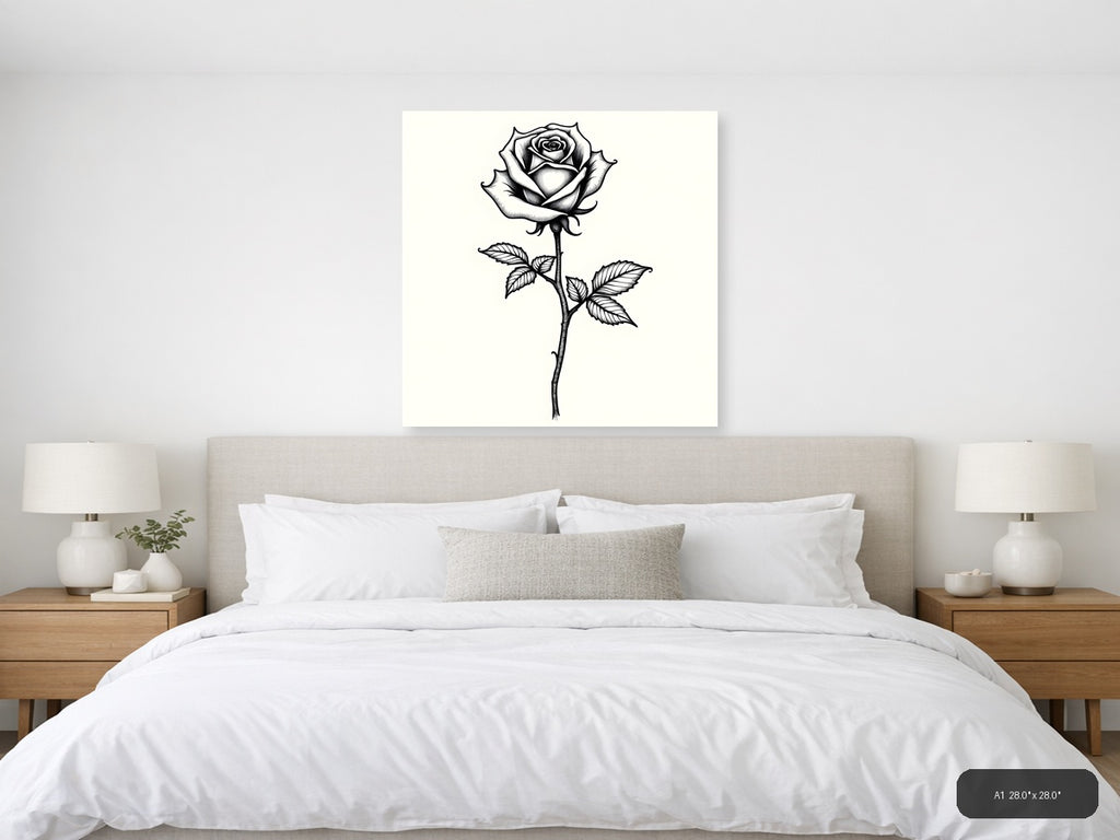 Black Rose Line Art Drawing - Botanical Wall Art — A1 / Bedroom