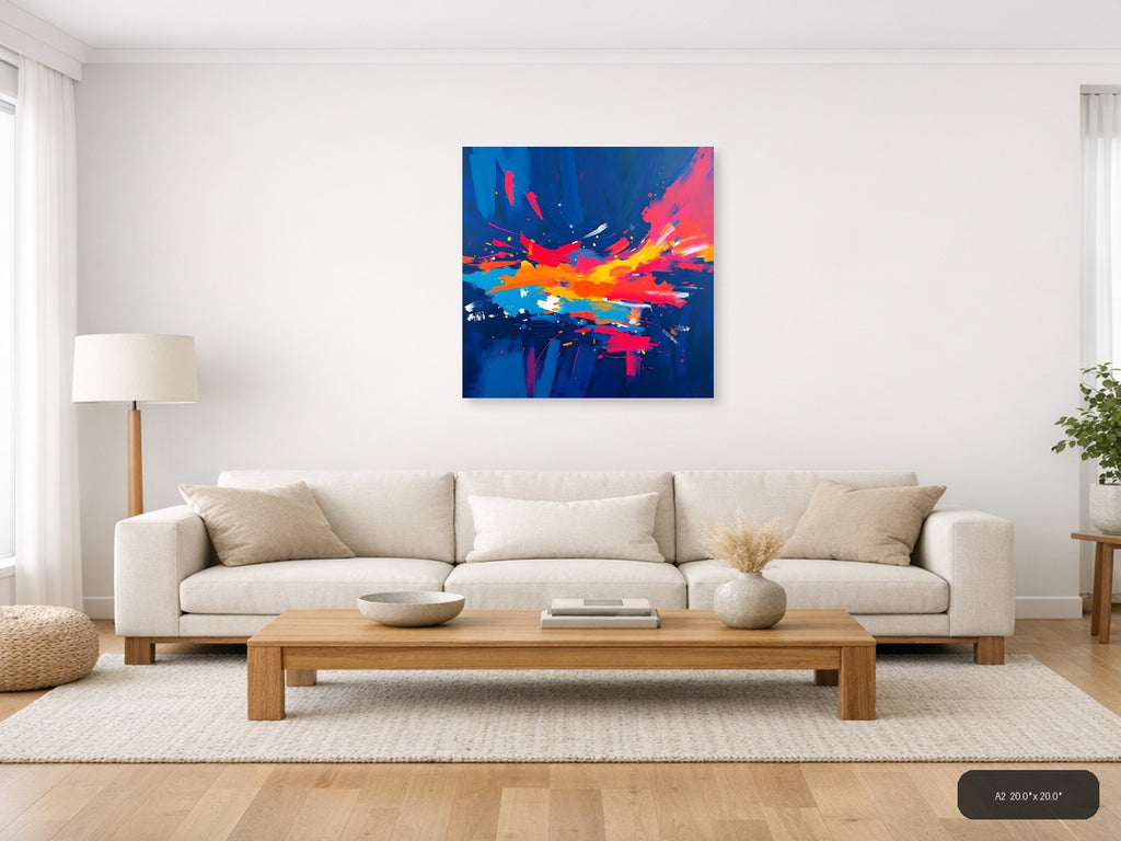 Vibrant Abstract Explosion Blue Red Yellow Wall Art — A2 / Living Room
