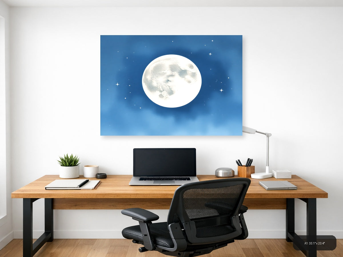Full Moon Night Sky Watercolor Wall Art — A1 / Office