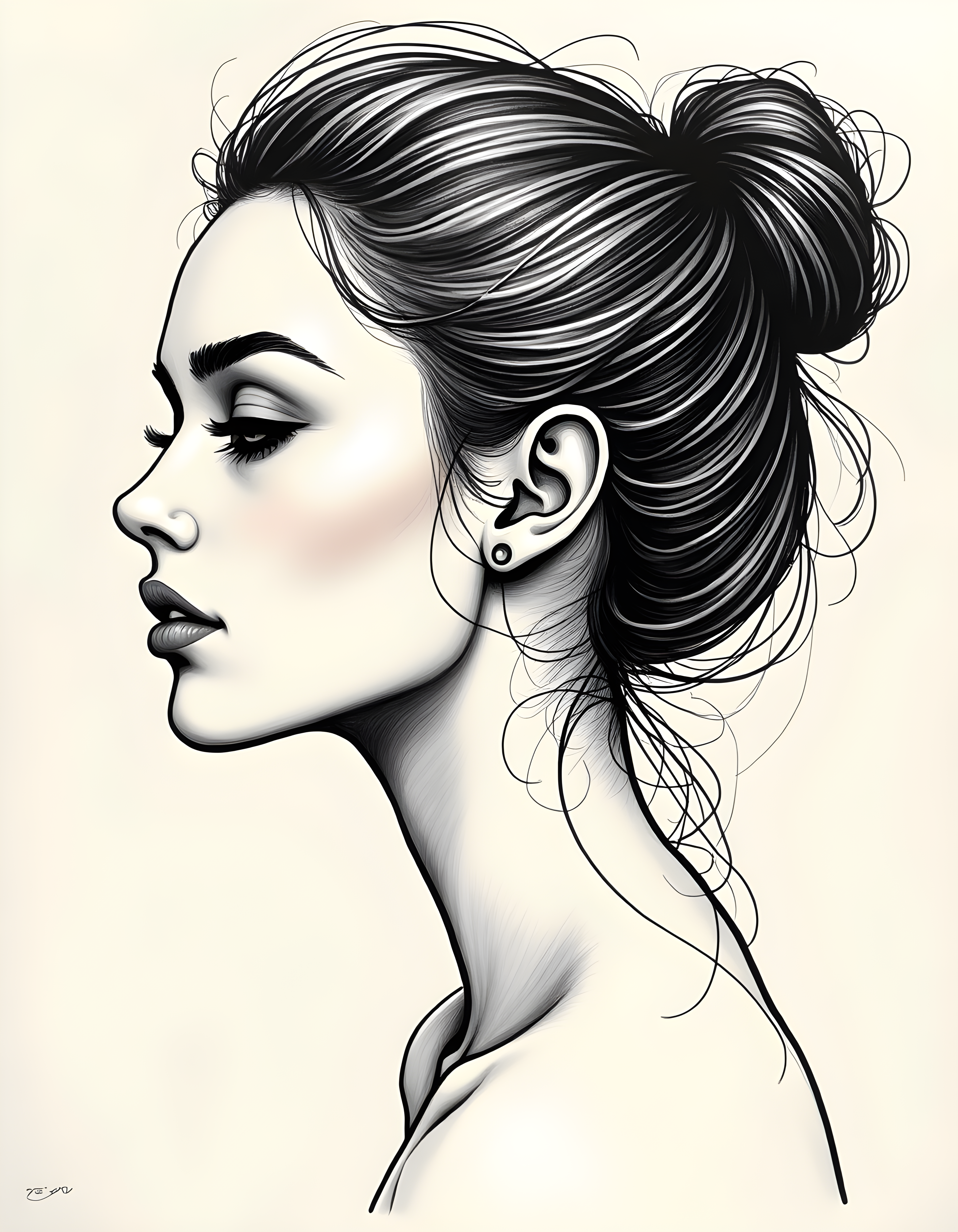 Profile Portrait Line Art Woman with Bun Hairstyle Wall Art