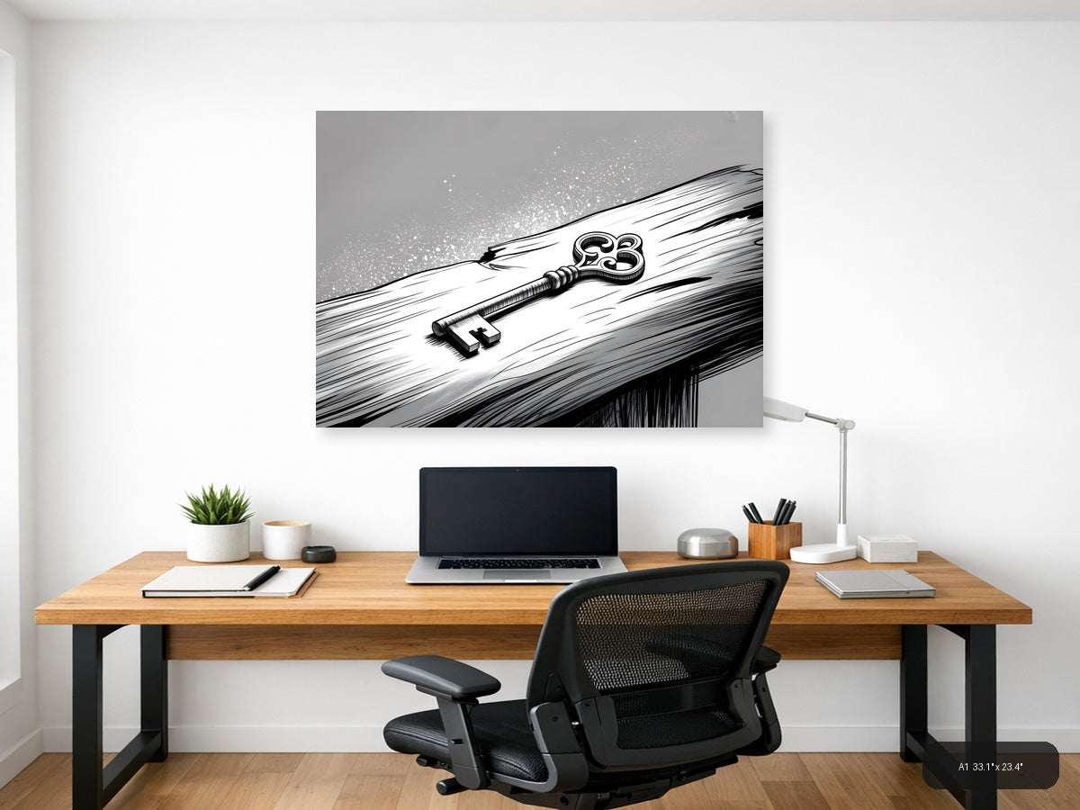 Ornate Key on Wood Line Art Wall Art — A1 / Office