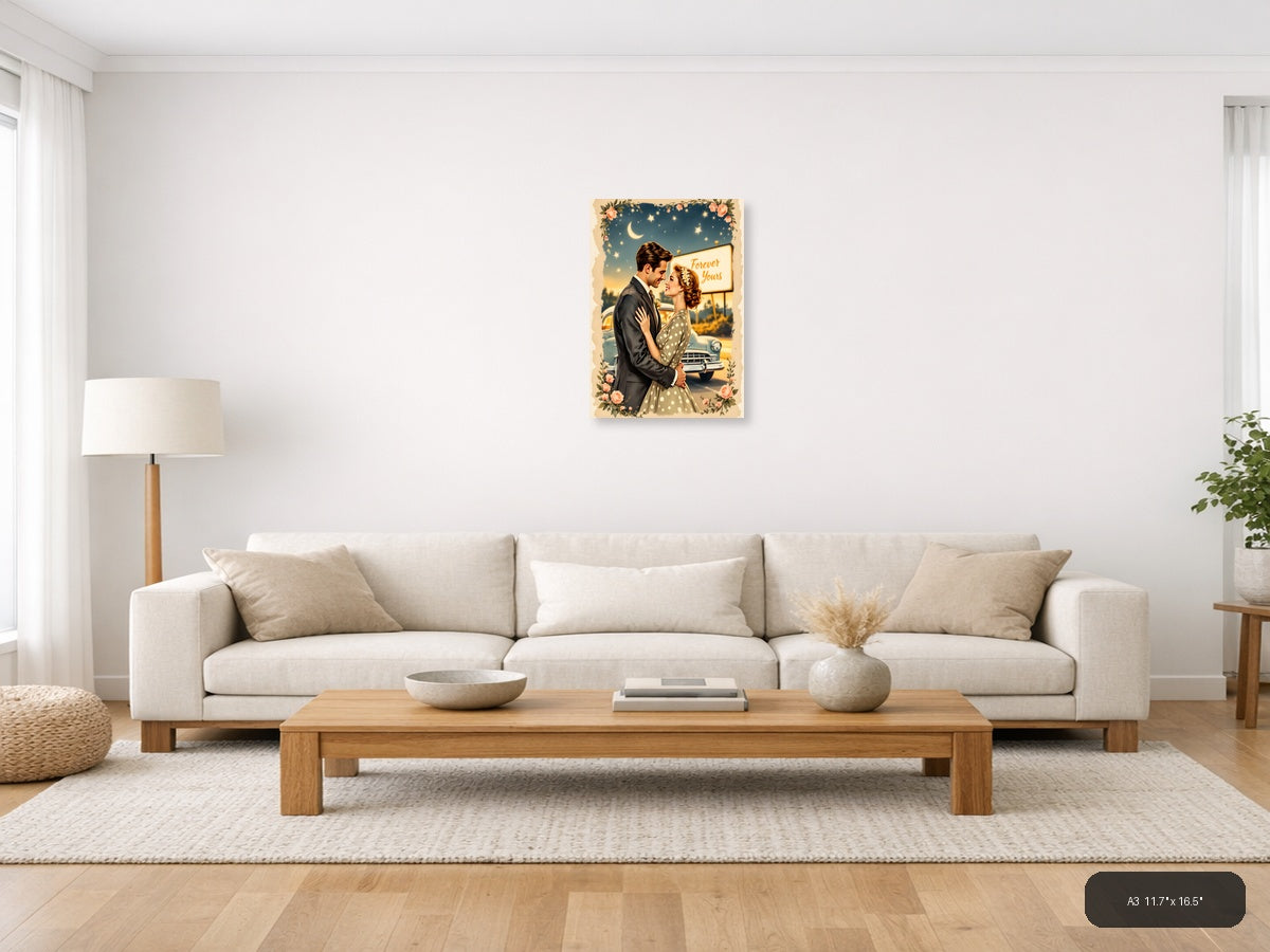 Vintage Couple Under Starlight 'Forever Yours' Wall Art — A3 / Living Room