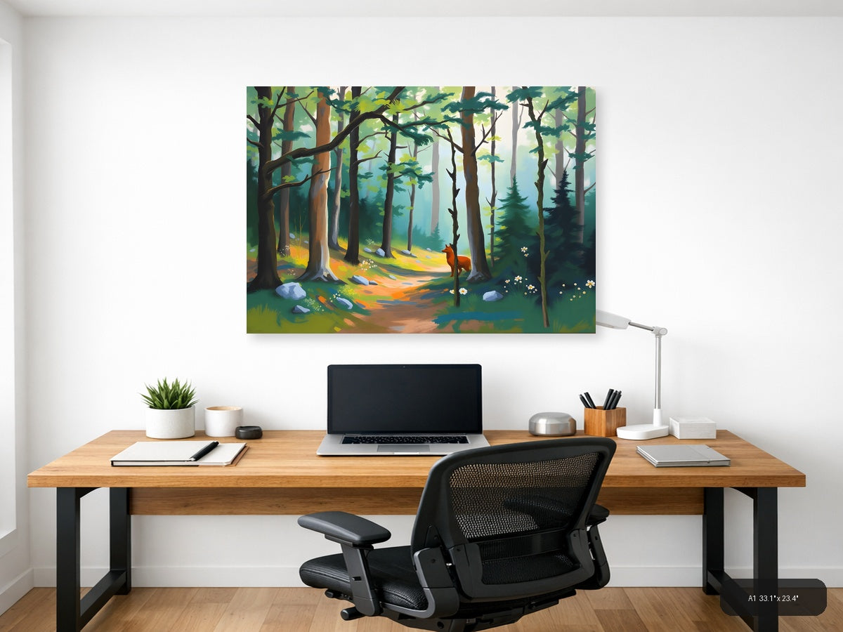 Forest Path with Red Fox - Abstract Landscape Wall Art — A1 / Office
