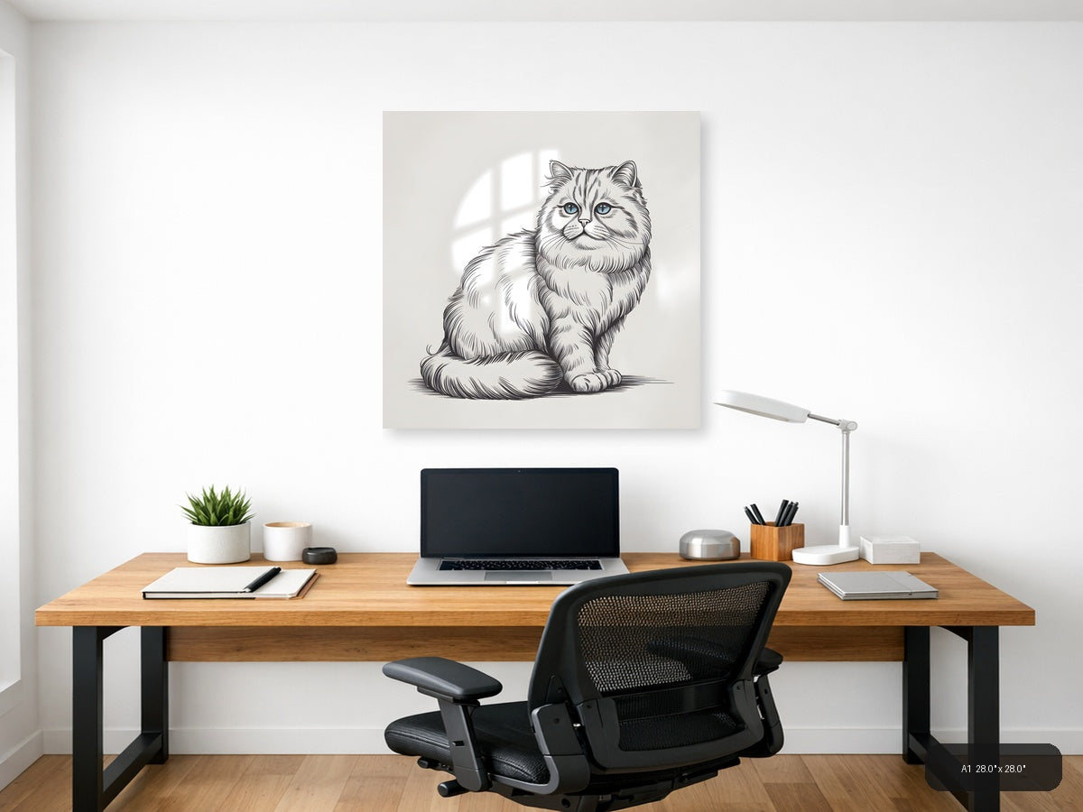 Fluffy Cat with Blue Eyes Line Art Wall Art — A1 / Office