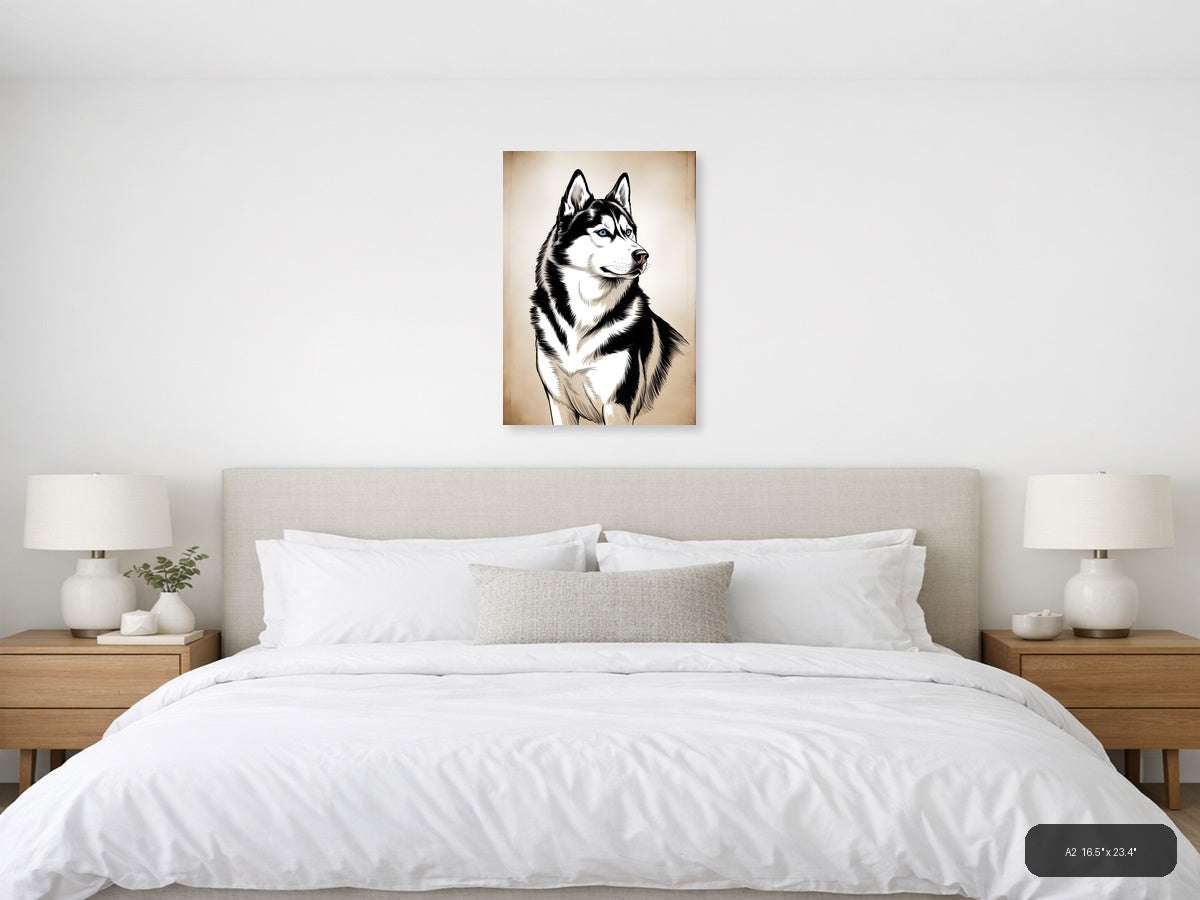 Siberian Husky Portrait Line Art Black & White Wall Art — A2 / Bedroom