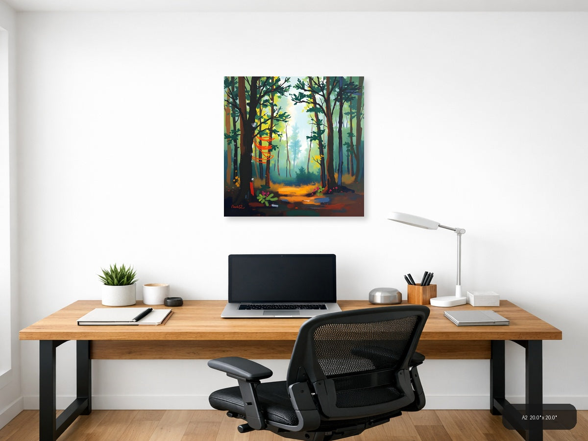 Abstract Forest Path with Orange Light - Modern Wall Art — A2 / Office