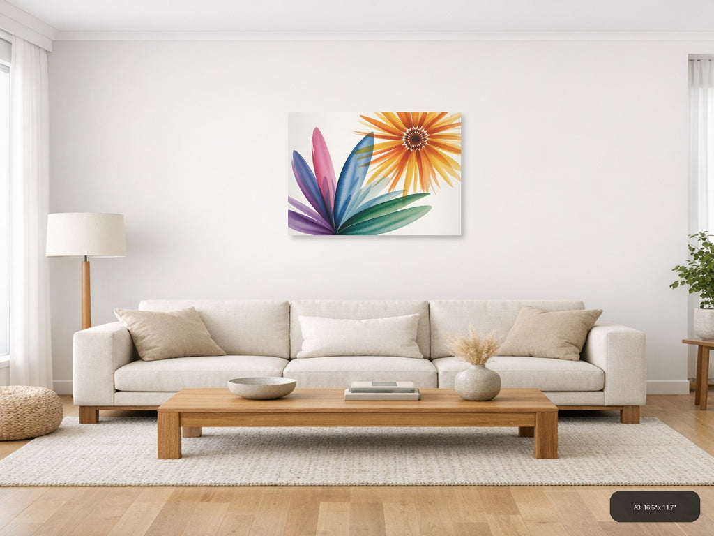 Colorful Watercolor Sunflower & Petals Landscape Wall Art — A3 / Living Room