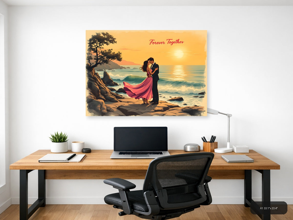Forever Together Couple Beach Sunset Vintage Wall Art — A1 / Office