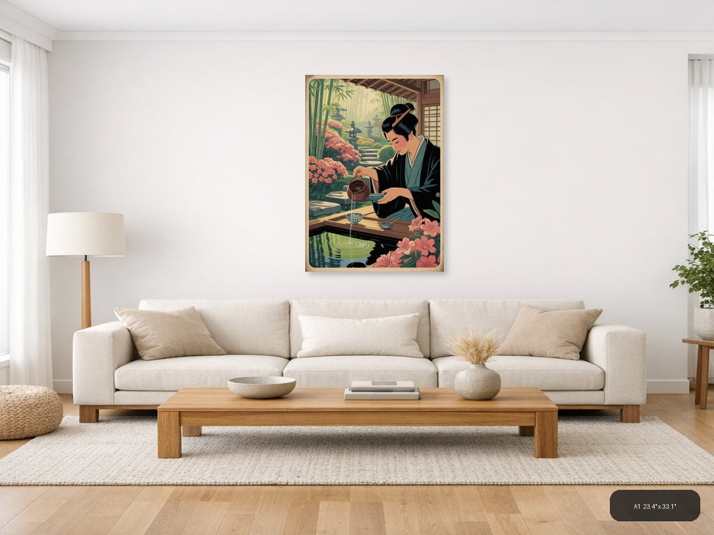 Japanese Woman Pouring Tea in Garden - Vintage Wall Art — A1 / Living Room