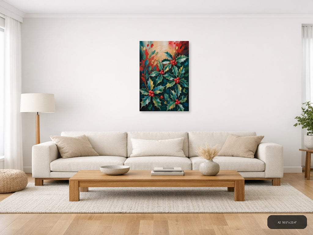 Holly Berry Abstract Botanical Portrait Wall Art — A2 / Living Room