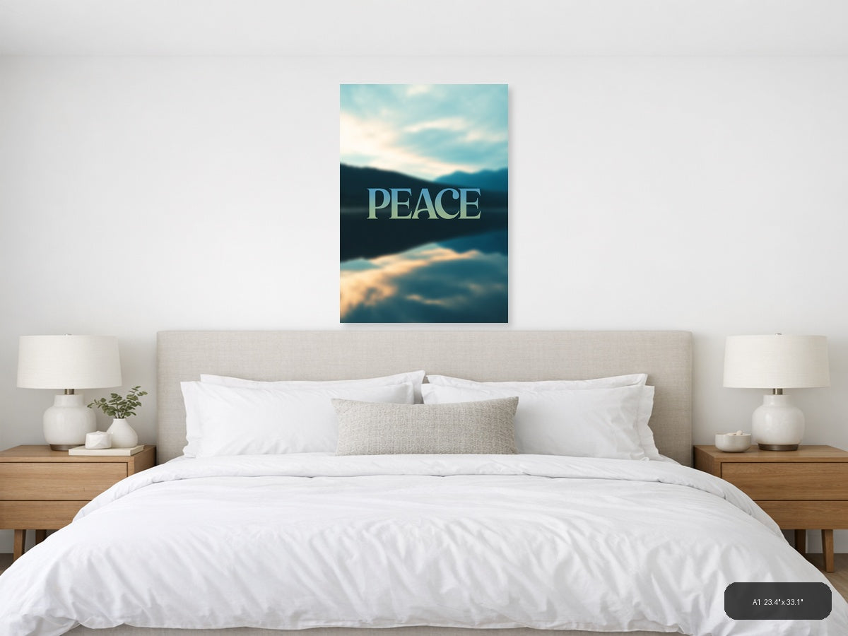 Peace Typography Mountain Lake Landscape Wall Art — A1 / Bedroom