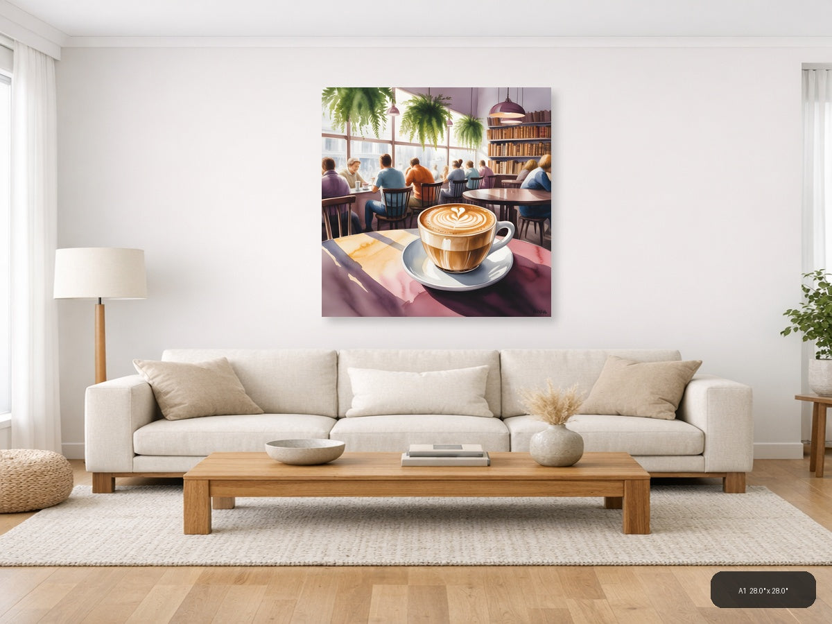 Cozy Café with Latte - Watercolor Wall Art — A1 / Living Room