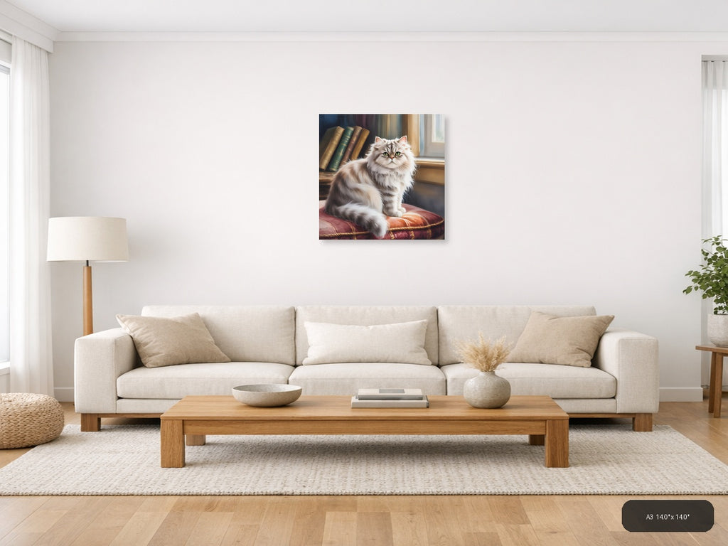 Fluffy White Cat by Books Watercolor Wall Art — A3 / Living Room