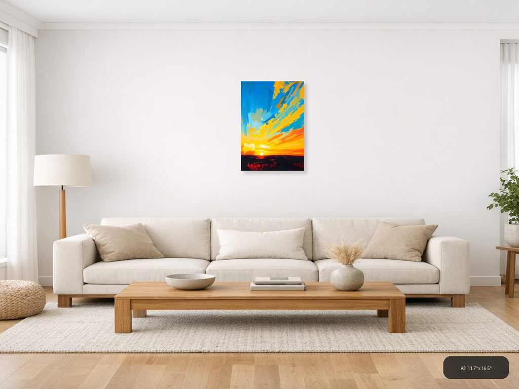 Abstract Sunrise Burst Blue Yellow Orange Wall Art — A3 / Living Room