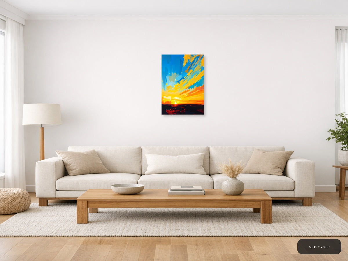 Abstract Sunset Rays Modern Canvas Wall Art — A3 / Living Room