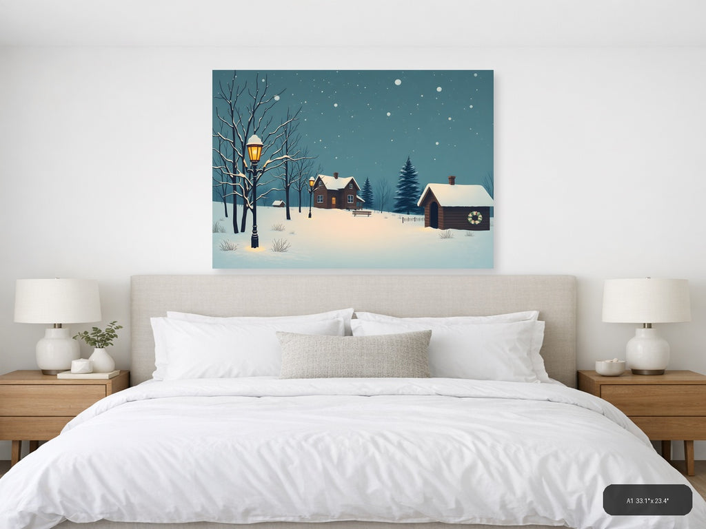 Vintage Winter Cottage Snow Scene Landscape Wall Art — A1 / Bedroom