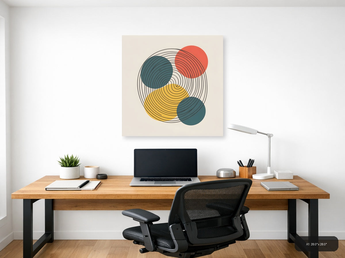Modern Geometric Circle Line Art with Teal, Gold & Coral Wall Art — A1 / Office