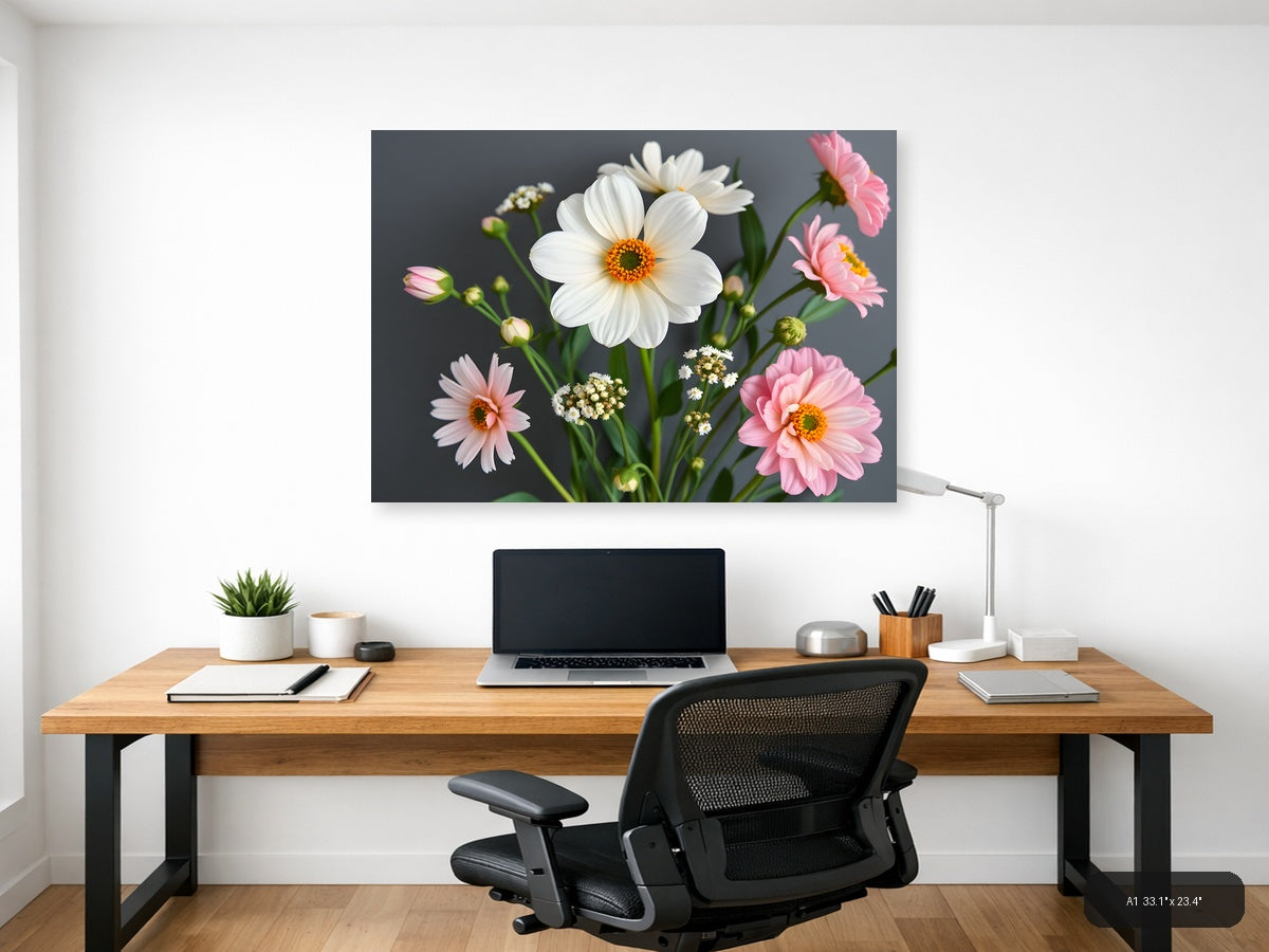 White Daisy & Pink Gerbera Minimalist Flower Wall Art — A1 / Office