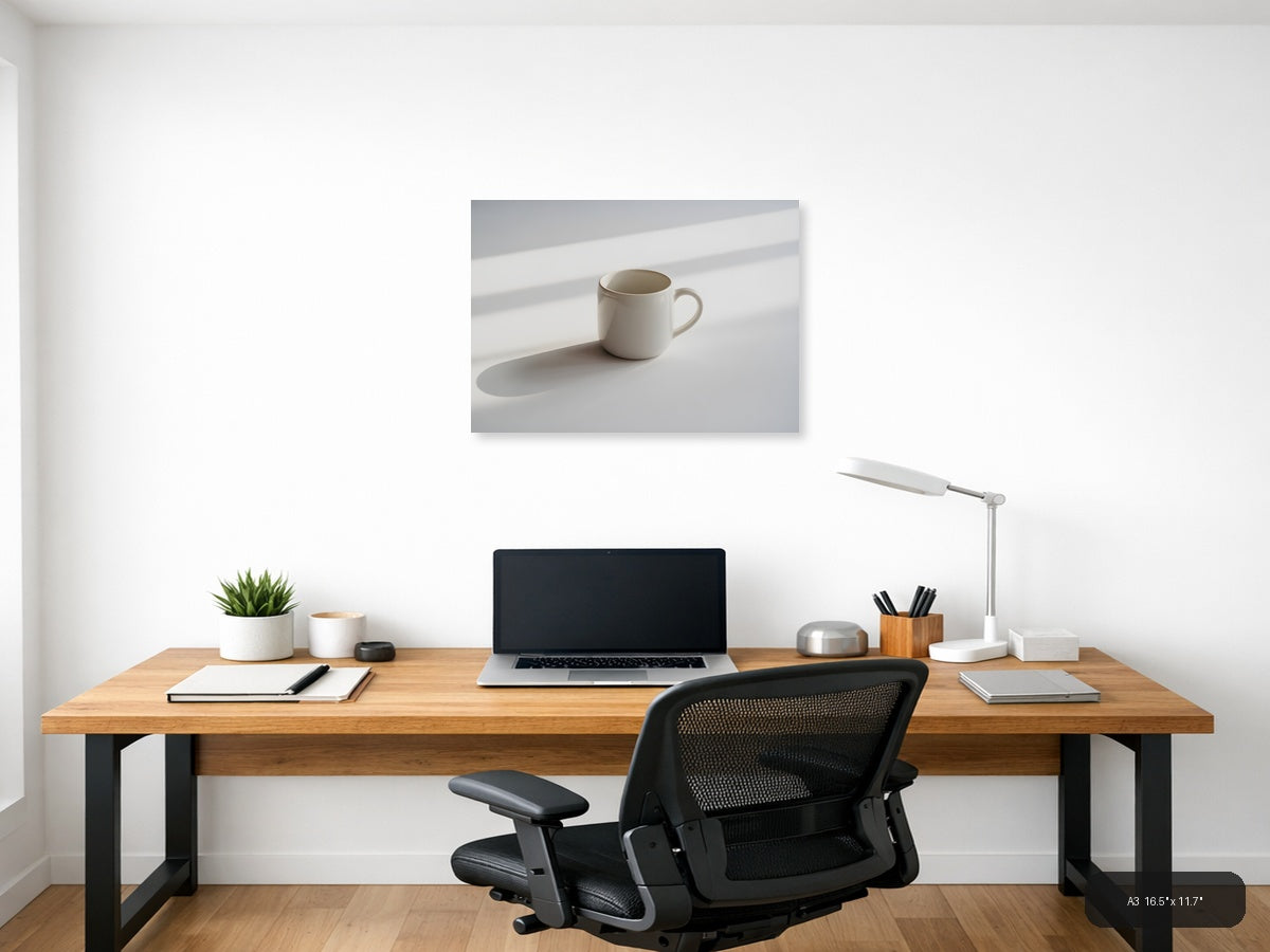 Minimalist White Mug Shadow Study Wall Art — A3 / Office