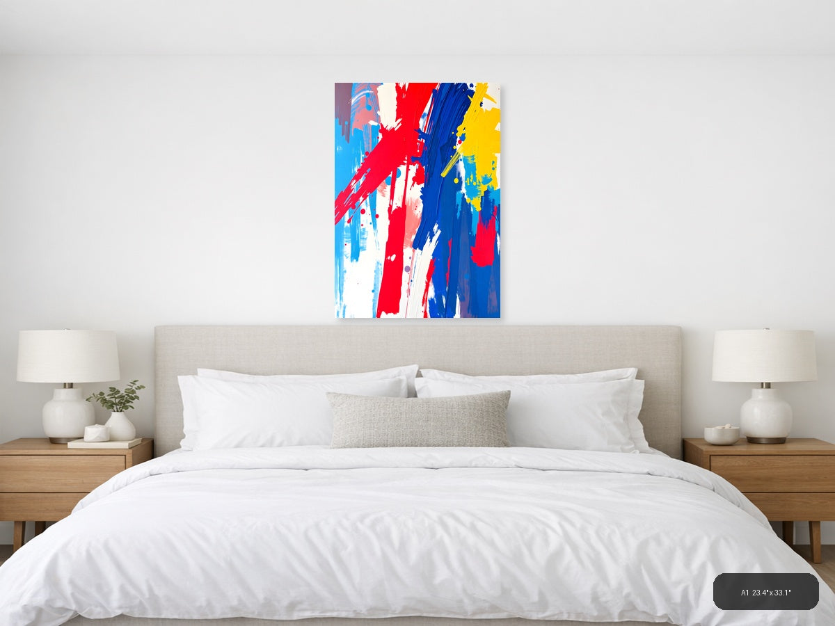 Bold Red Blue Yellow Abstract Brushstroke Wall Art — A1 / Bedroom