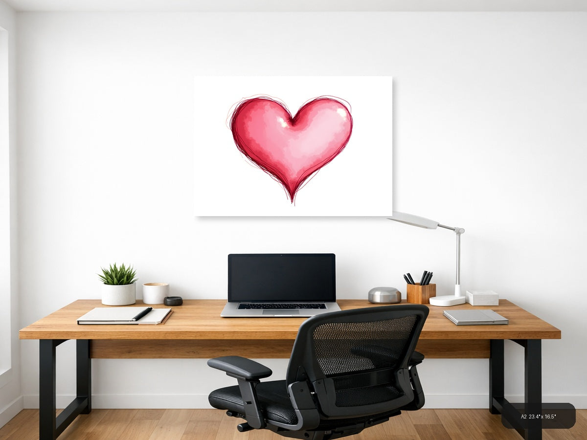 Pink Watercolor Heart Line Art Wall Art — A2 / Office