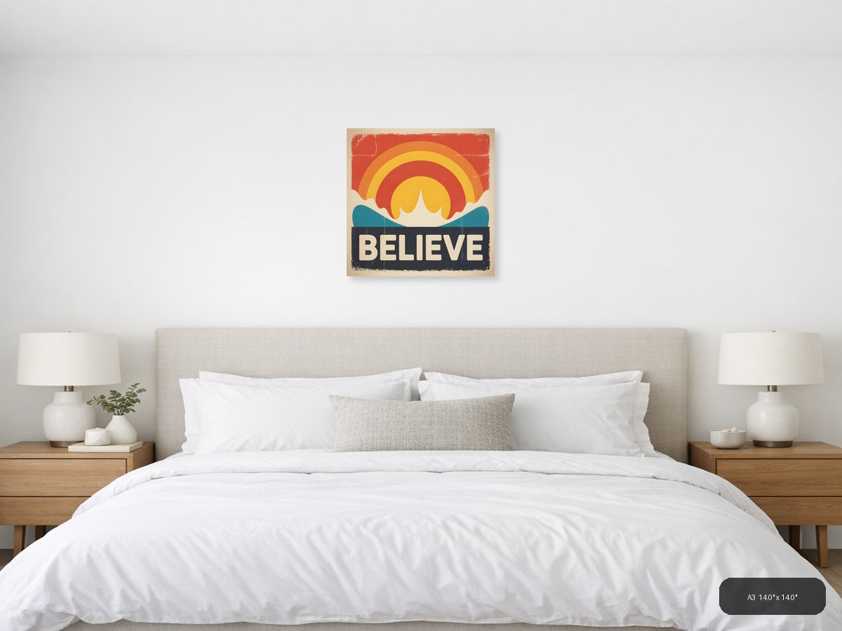 Vintage Sunset Ocean Believe Retro Wall Art — A3 / Bedroom