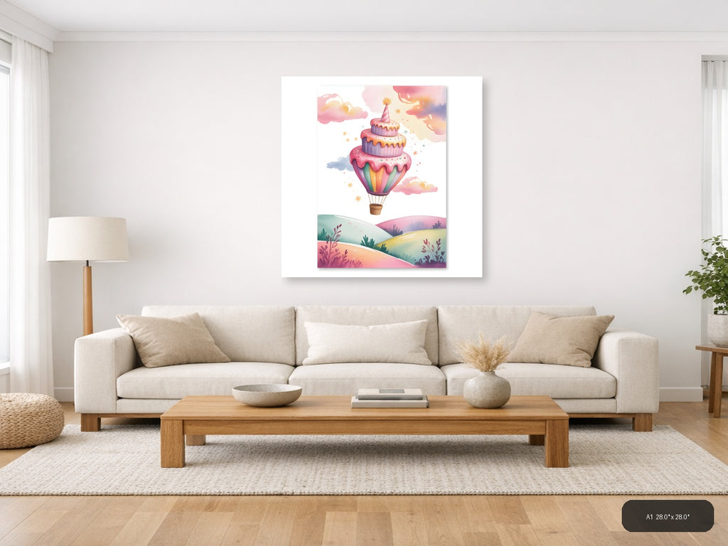 Hot Air Balloon Cake Cloud Watercolor Wall Art — A1 / Living Room