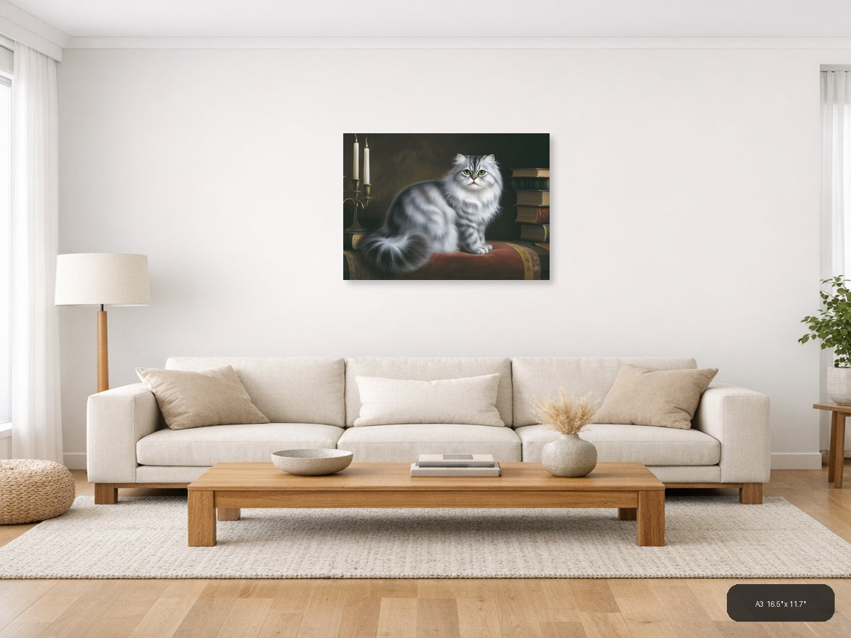 White Fluffy Cat with Green Eyes Portrait Photography Wall Art — A3 / Living Room
