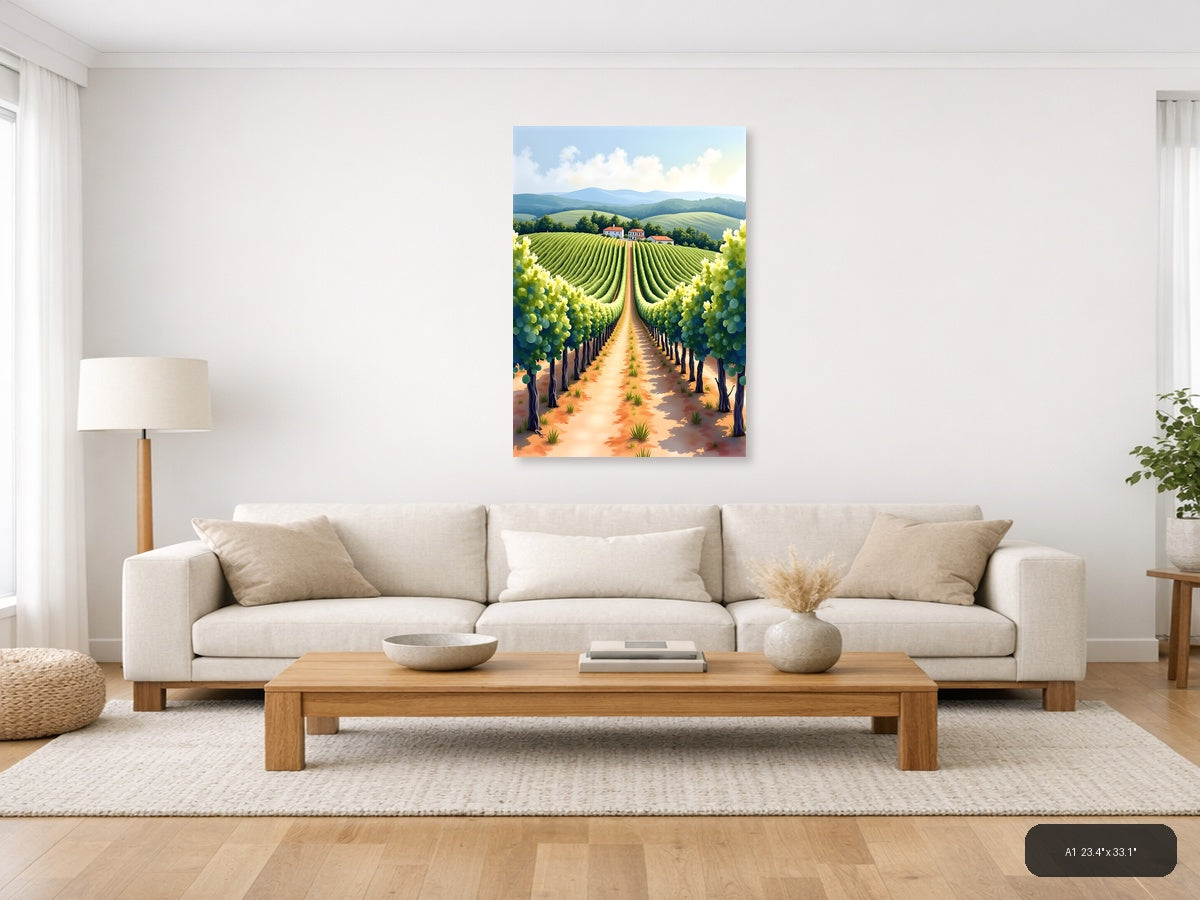 Tuscan Vineyard Landscape Watercolor Wall Art — A1 / Living Room
