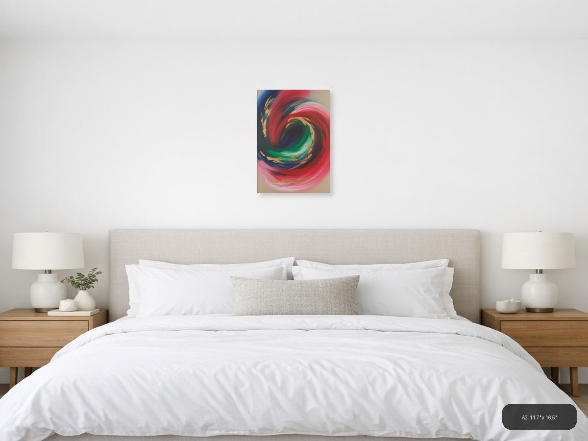 Abstract Swirl Red Green Gold Modern Wall Art — A3 / Bedroom