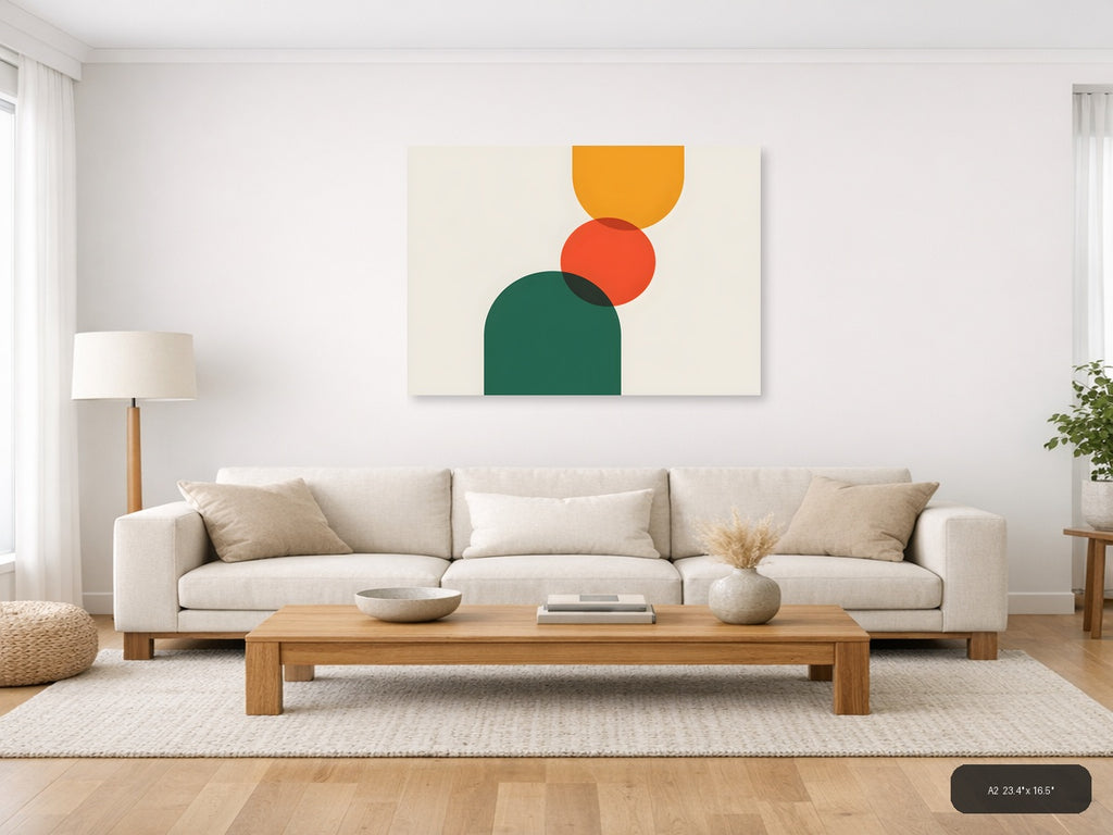 Minimalist Geometric Circles Orange Green Wall Art — A2 / Living Room