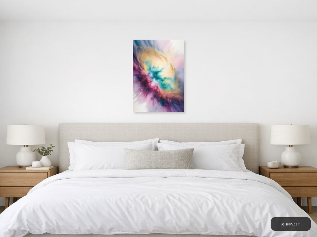 Cosmic Watercolor Nebula in Pink and Teal Wall Art — A2 / Bedroom