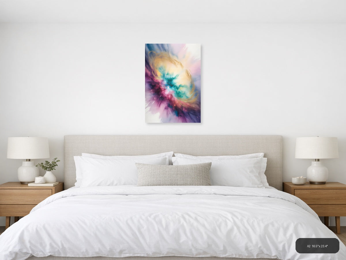 Cosmic Watercolor Nebula in Pink and Teal Wall Art — A2 / Bedroom