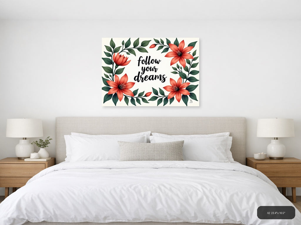 Follow Your Dreams Floral Botanical Red Flowers Wall Art — A2 / Bedroom