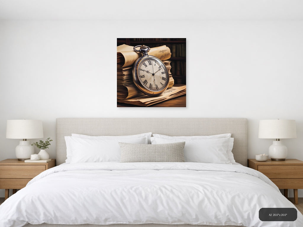 Vintage Pocket Watch & Books Stack Wall Art — A2 / Bedroom