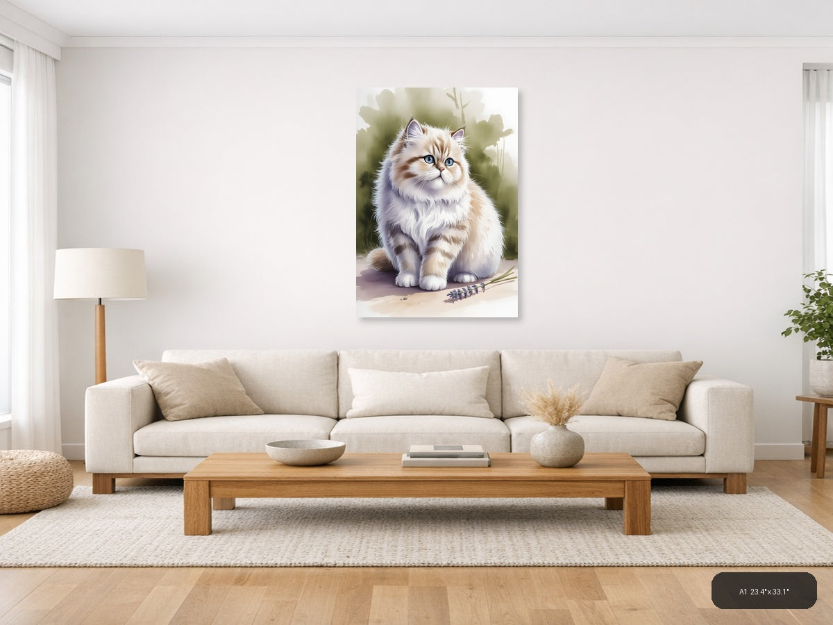 Fluffy White Cat Blue Eyes Watercolor Portrait Wall Art — A1 / Living Room