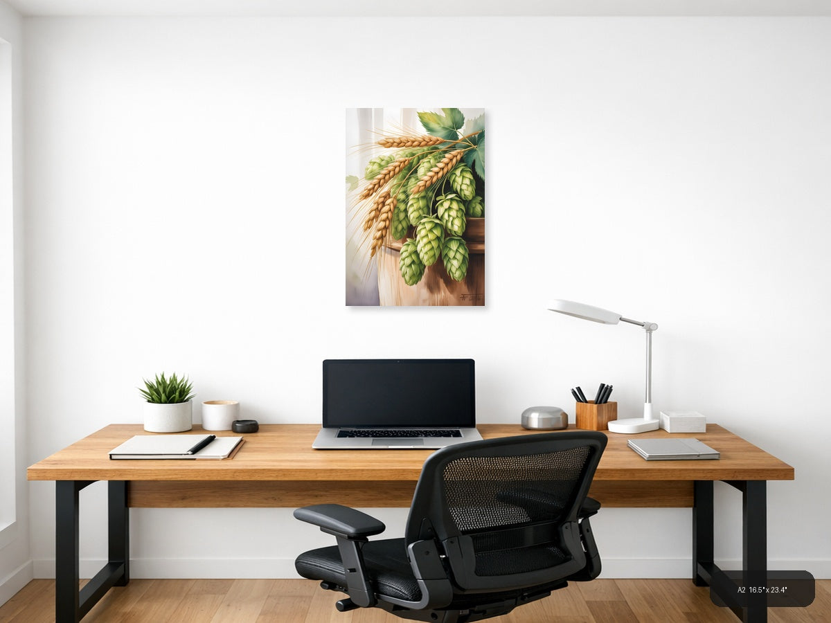 Wheat and Hops Watercolor Botanical Wall Art — A2 / Office