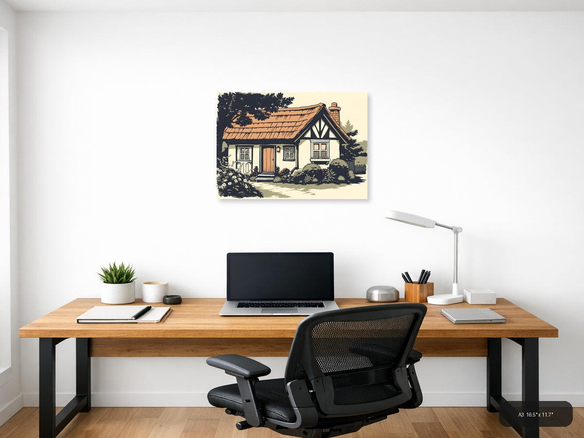 Vintage Cottage House with Garden - Landscape Wall Art — A3 / Office