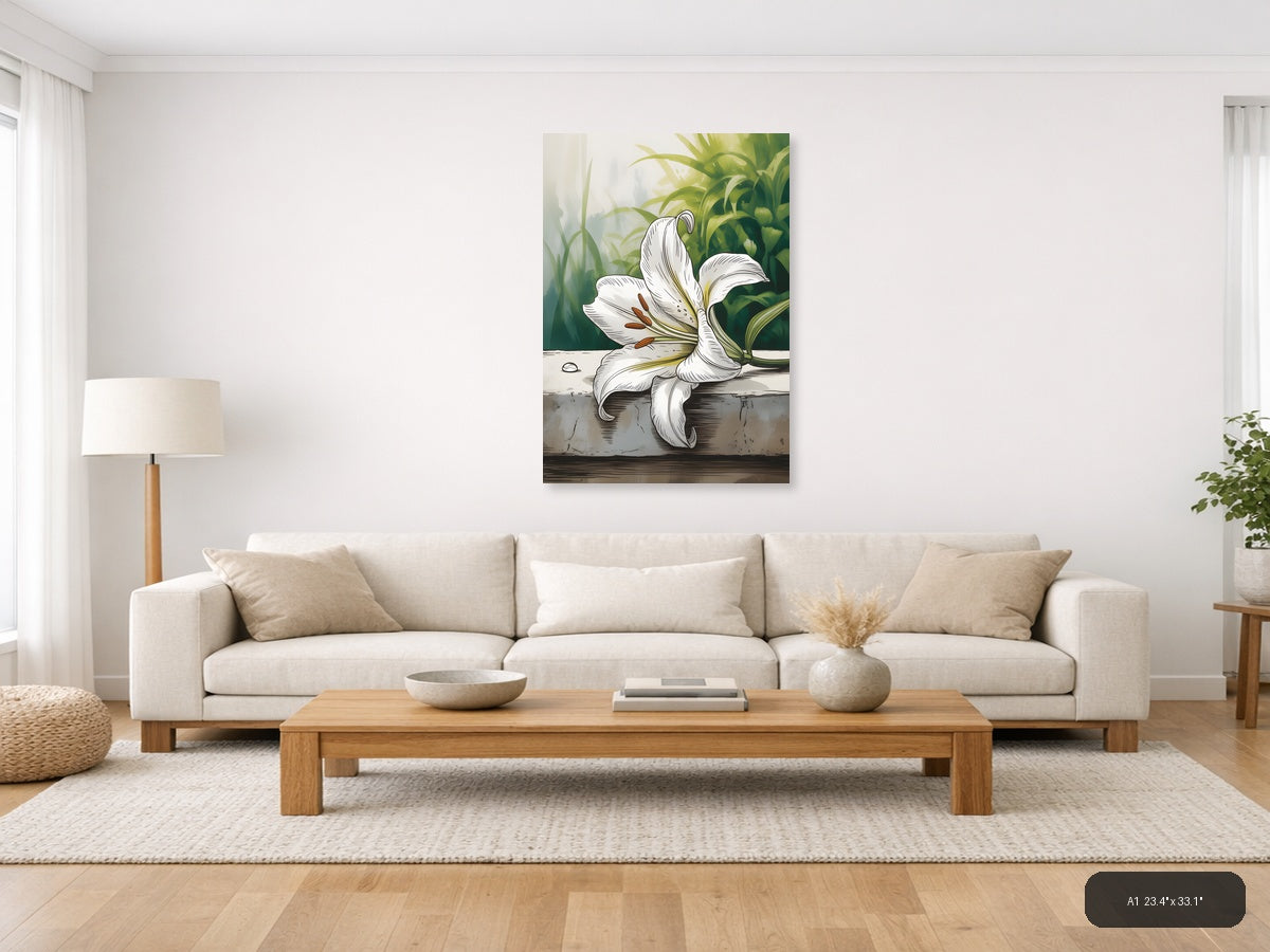 White Lily Line Art Botanical Drawing Wall Art — A1 / Living Room